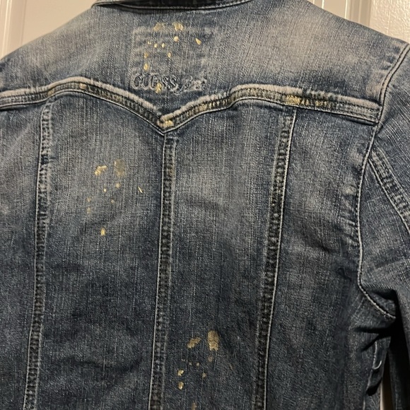 Guess Y2K Vintage Distressed Jean Denim Jacket Stretch Size Large w Gold Paint - Picture 4 of 10